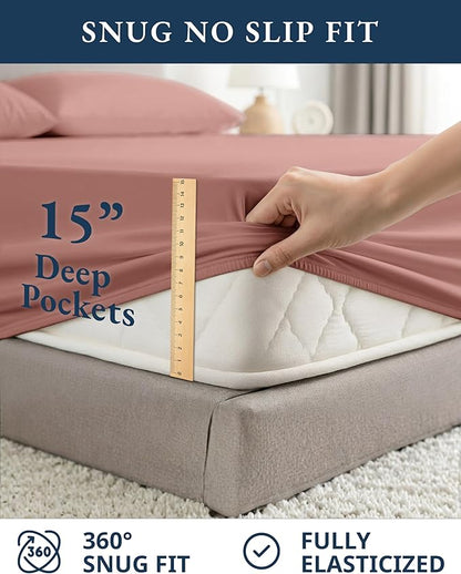 LANE LINEN 100% Organic Cotton California King Sheets Set, 4-Piece Pure Organic Cotton Long Staple Percale Weave Soft Best Bedding Sheets for Bed, Breathable, Fits Mattress Upto 15" Deep - Rose Dawn