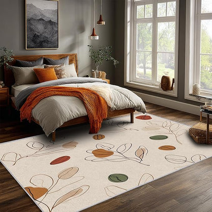 Bohemian Rug, 4x6 Area Rugs Modern Simple Abstract Line Art Leaf Pattern for Living Room, Bedroom, Bohemian Home Decor Accessories Indoor Carpet, Non Slip & Machine Washable