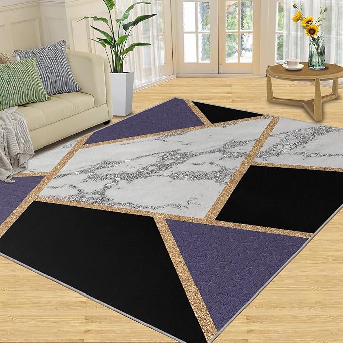 Black Gold Marble Area Rugs Geometric Marble Area Rug Modern Minimalist Carpet Irregular Geometric Patchwork Carpet Low Pile Non-Slip Rug for Living Room 6x9ft