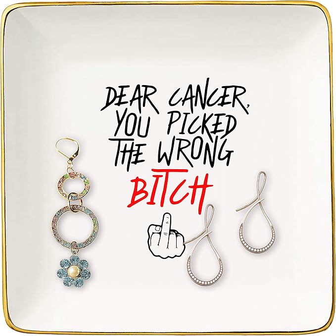 Breast Cancer Survivor Gifts for Women - Dear Cancer You Picked The Wrong Bitc - Ovarian,Chemotherapy,Fck Cancer Suck Gifts for Cancer Patient-Ceramic Jewelry Holder Ring Dish Trinket Box Tray
