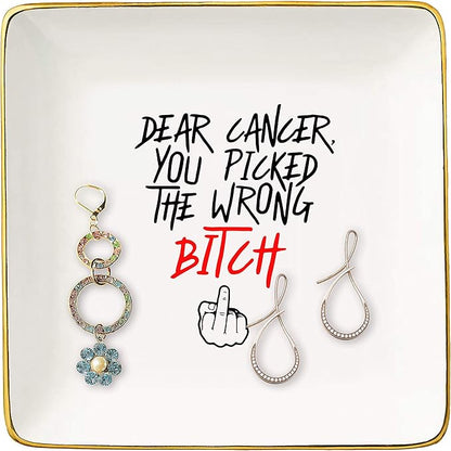 Breast Cancer Survivor Gifts for Women - Dear Cancer You Picked The Wrong Bitc - Ovarian,Chemotherapy,Fck Cancer Suck Gifts for Cancer Patient-Ceramic Jewelry Holder Ring Dish Trinket Box Tray