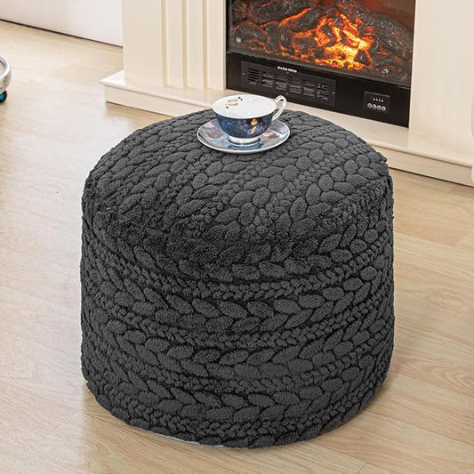 Unstuffed Ottoman Pouf Cover – Round Faux Fur Footstool Plush Floor Pouf (No Filler Included) Perfect for Living Room, Bedroom, or Office Lounge (Gray, 26x26x18 in)
