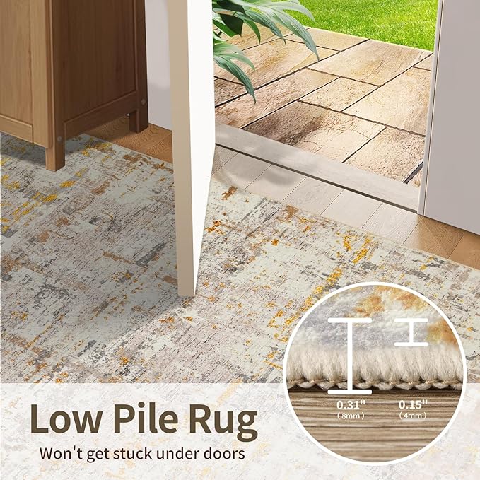Area Rugs 8x10,Large Soft Rugs for Living Room, Washable, Modern Neutral Abstract Rugs for Bedroom Dining Room, Non-Slip Foldable Thin Indoor Carpet Stain Resistant(Beige Gold)