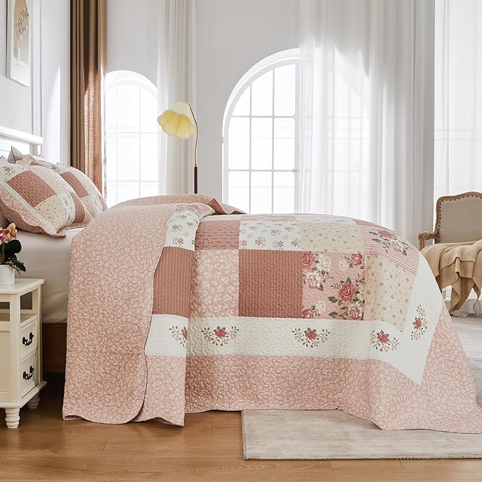 SahSahCasa 128"x120" 100% Cotton Oversized California King Patchwork Bedspread Coverlet Quilt Set, Floral Cal King Quilted Bedspread Extra Large Quilt, XL Bed Spread Lightweight Comforter, Pink/Cream