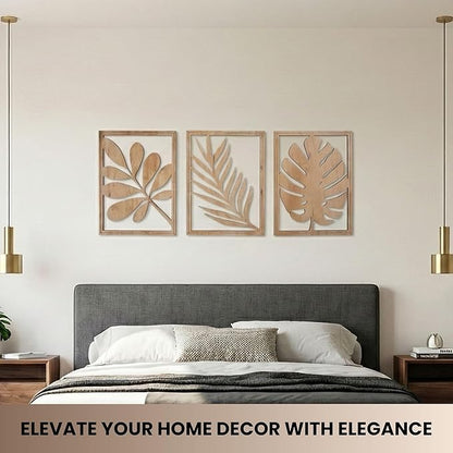 qmmp Modern Wooden Wall Sculptures - Set of 3 - Home Decor Accent - Large Wall Art for Living Room, Bedroom, Office - Easy Installation (Oak, Large - Tree Leaves)