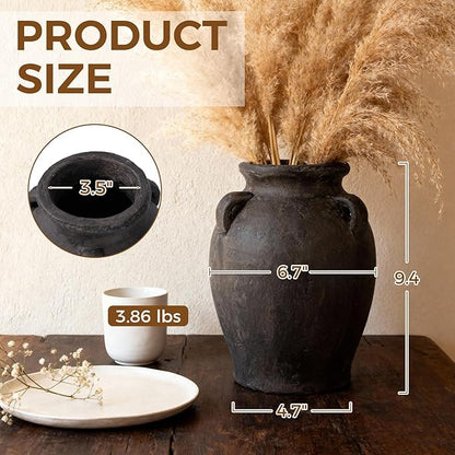 Rustic Matte Black Ceramic Vases, 9.5" H Handmade Distressed Terracotta Vases with 3 Ear, Large Decorative Farmhouse Pottery Vase Home Decor for Table Fireplace Entryway Shelf (Dark Charcoal Taupe)