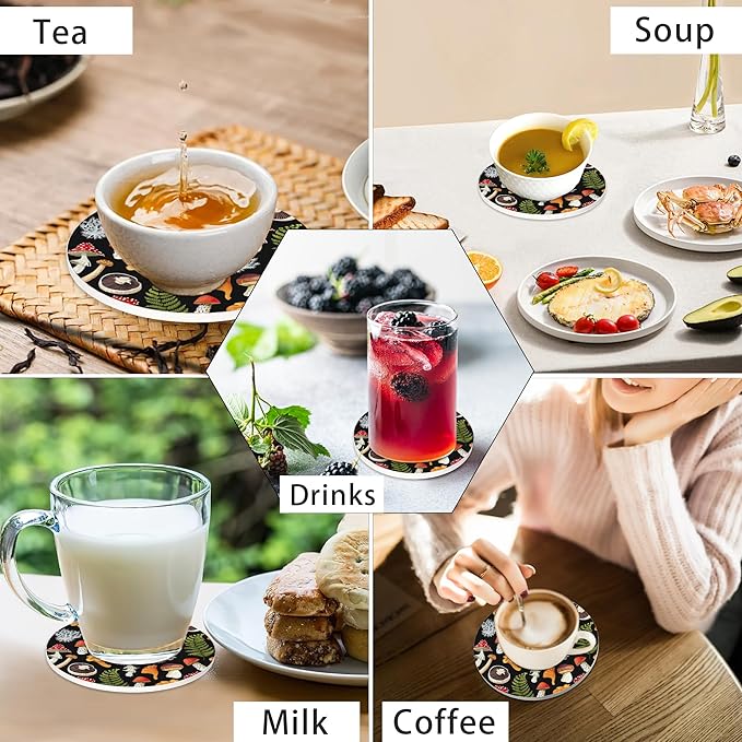 Mushrooms Coasters for Drinks Absorbent with Holder,Spring Leaves Sets of 6 Durable Cup Coaster for Coffee Table Protection,Great Housewarming Birthday Gifts,Home Decor