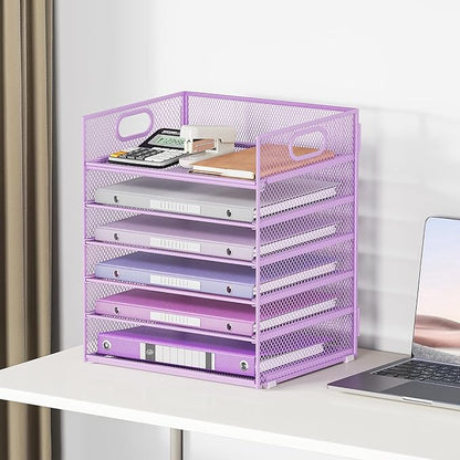 6 Tiers Letter Tray Paper Organizer with Handle, Mesh Desk File Organizer, Metal Desktop Document Shelf Organization, Paper Sorter Organizer for Office, Home or School File Folder Holder - Purple