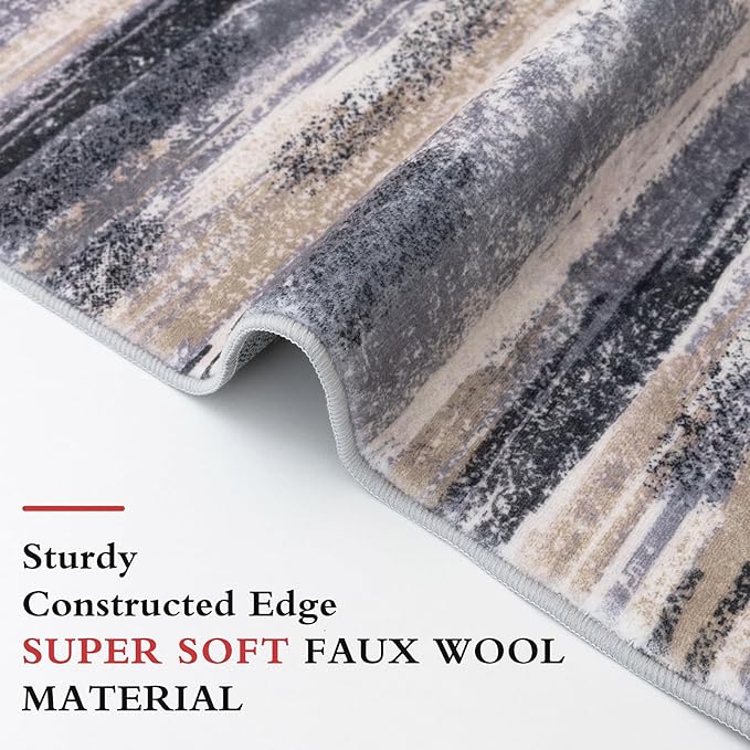 Modern Abstract Bedroom Runner Rug 2x7, Grey Black Multi Washable Kitchen Runner, Non-Slip Soft Thin Faux Wool Mat for Entryway, Hallway, Laundry Room, Indoor Home Decor