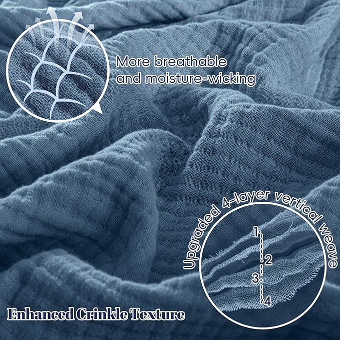 PHF 100% Cotton Muslin Blanket Twin XL Size 66"x90", 4-Layer Lightweight Gauze Throw, Breathable Cloud-Soft Minimalist Blanket for Bed, Couch, Camping & Baby, Denim Blue, Ideal Gift
