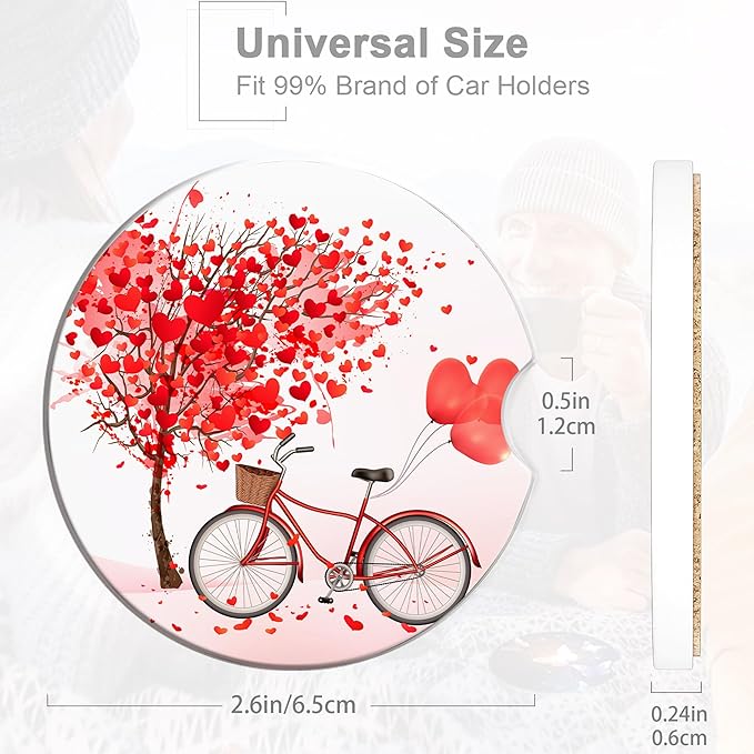 Love Tree Bicycle Cup Holder Coasters for Car,Cute Cup Holder Coasters,2 Pack Anti Slip Ceramic Car Cup Holder Accessories with Finger Notch for Women Men 2.56"