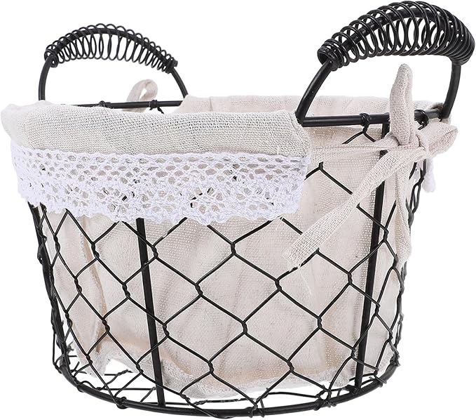 Wire Storage Basket with Handle and Fabric Liner Rustic Metal Bread and Fruit Basket for Kitchen Pantry Organization for Serving and Storage