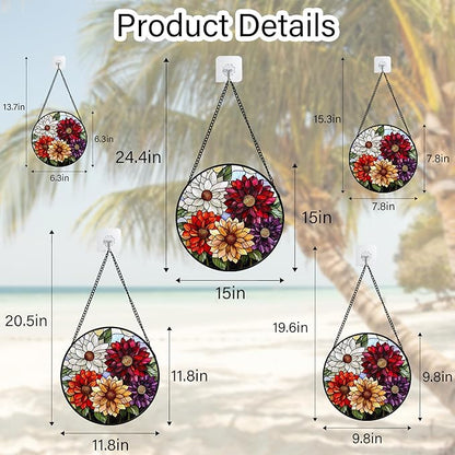 Stained Glass Window Hanging, Colorful Flowers Sun Catcher for Window Door Home Decor Plant Suncatcher Christmas Mother's Day Birthday Gifts for Women Men Mom and Nana 11.8 in