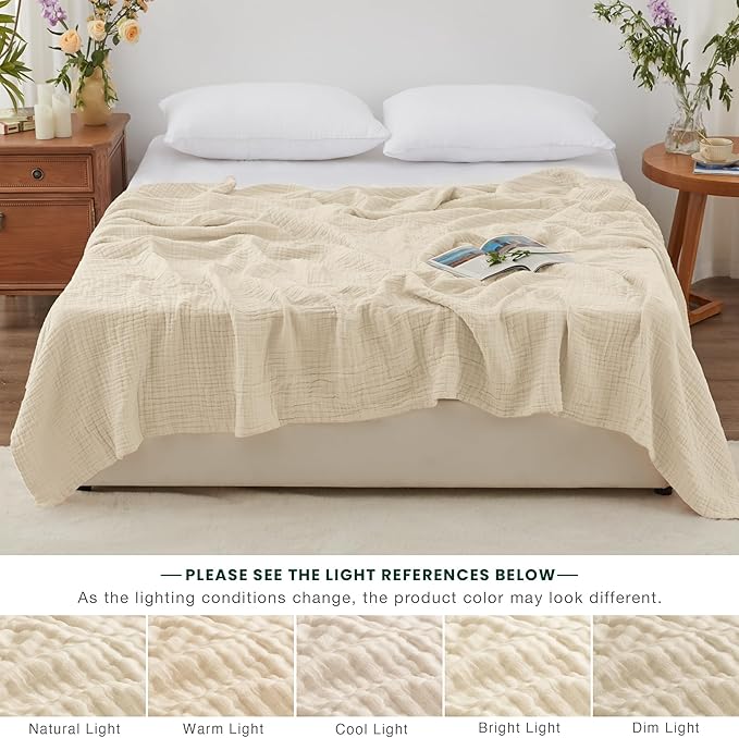 Love's cabin 6 Layer 100% Cotton Muslin Blanket, 108"x90" Muslin King Size Blanket for Bed Couch, Lightweight and Breathable Cotton Gauze for Adult, Beige
