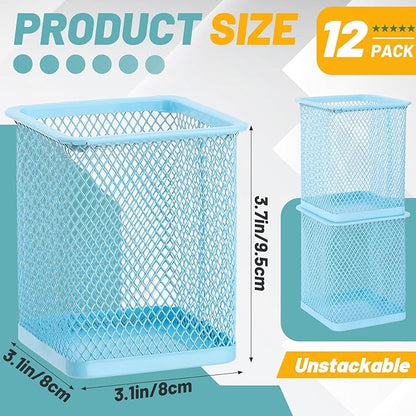Segarty Pencil Holder, 12 Pack Square Light Blue Pen Holder for Desk, Mesh Pencils Cup Container Marker Organizer Set for Office Supply, School Classroom, Home Desktop Storage and Organization