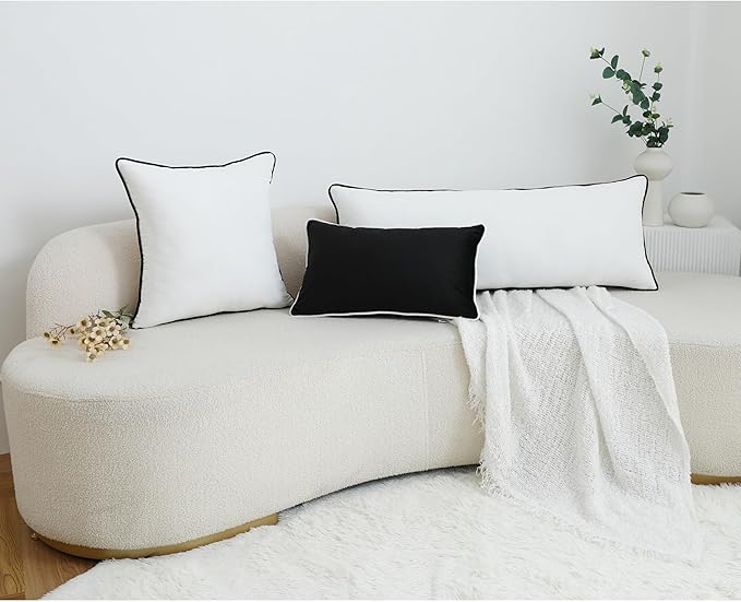 LIGICKY Long Lumbar Pillow Cover 14x36 inch White Velvet Black Rope Edging Throw Pillow Covers Decorative Rectangular Body Pillow Case Accent Textured Cushion Cover for Bed Couch(Cover Only)