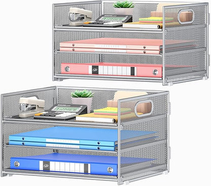 Subekyu 2-Pack 3-Tier Silver Metal Mesh Desk Paper Letter Tray & File Sorter Organizer with Handle + 1 Sliding Tray for Desk, Home, Office, School Supplies, A4 Paper and Accessories Storage