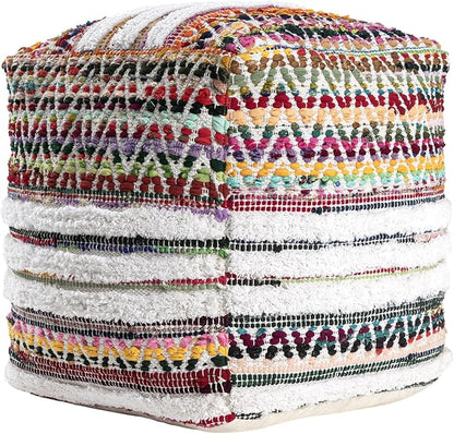 L. R. Resources, Inc. LR Home Multi/White Bohemian Chevron Hand-Made Cotton Blend Ottoman Pouf for Home Decor | Foot Rest for Bedroom & Living Room Decor | 18 x 18 x 18 Stuffed Ottoman for Seating