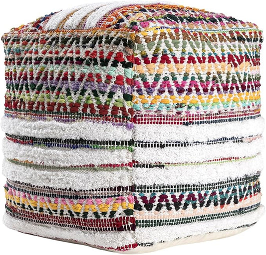 L. R. Resources, Inc. LR Home Multi/White Bohemian Chevron Hand-Made Cotton Blend Ottoman Pouf for Home Decor | Foot Rest for Bedroom & Living Room Decor | 18 x 18 x 18 Stuffed Ottoman for Seating