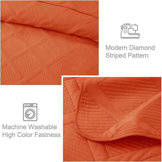 Exclusivo Mezcla King Quilt Set- Burnt Orange Quilts Bedding Set with 2 Pillow Shams, Modern King Bedspread with Striped Pattern, Soft Lightweight Bedspreads Coverlets for All Seasons