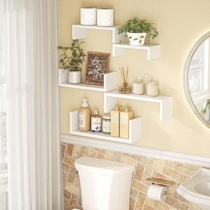 SRIWATANA Floating Shelves for Wall, Wall Shelves for Bathroom, Bedroom, Living Room, Kitchen, Office, Wood Shelves for Home Decor Set of 5 (Washed White)