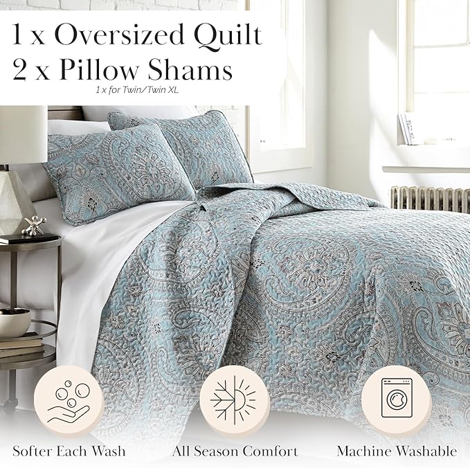 Southshore Fine Living, Inc. Oversized Quilt, King Size Bedding Set, Paisley Lightweight Bedspread Cal/King Quilt Coverlet & 2 Matching Quilted Pillow Shams, Pure Melody Aqua