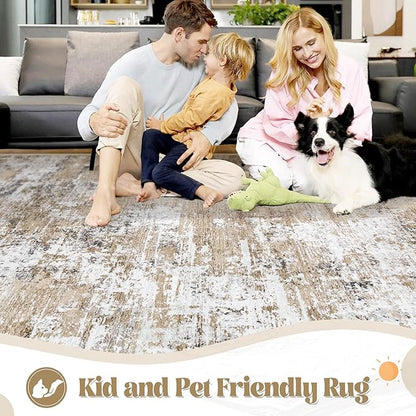 5x7 Area Rugs for Living Room, Washable Modern Abstract Large Area Rug Neutral Soft Non Slip Kids Rug Stain Resistant Indoor Carpet for Bedroom Nursery Dining Room Home Office(Beige, 5'x7')