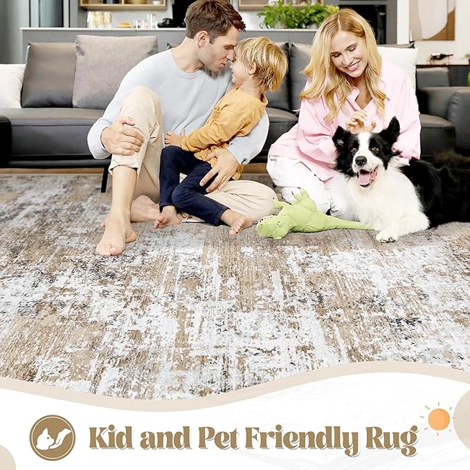 6x9 Area Rugs for Living Room, Washable Modern Abstract Large Area Rug Neutral Soft Non Slip Kids Rug Stain Resistant Indoor Carpet for Bedroom Nursery Dining Room Playroom Home Office(Beige, 6'x9')