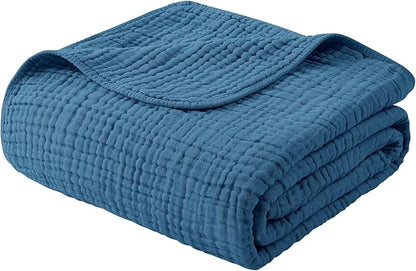 Yoofoss Muslin Blanket 100% Organic Cotton Large Twin Size 60" x 80" for Bed Couch Summer Gauze Blanket for Adults Lightweight and Breathable Dark Blue