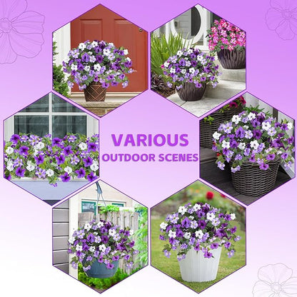 Artificial Fake Flowers for Outdoor Plants Decoration,2 Pcs Faux Petunias Flowers Plants UV Resistant Silk for Porch Yard Garden Home Indoor Decor(Purple White)