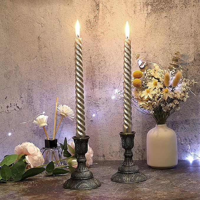 OwnMy Set of 2 Taper Candle Holders Vintage Metal Pillar Candlestick Holders 4”H, Elegant Brass Candle Stick Holders Decorative Candelabra Set for Dining Table Centerpieces Wedding, Antique Bronze