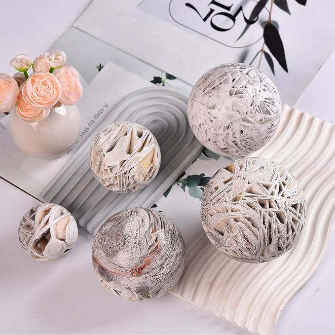 JIC Gem Large Mexican White Agate Crystal Sphere Ball with Wooden Stand White Healing Crystal Decorative Ball 90-100mm