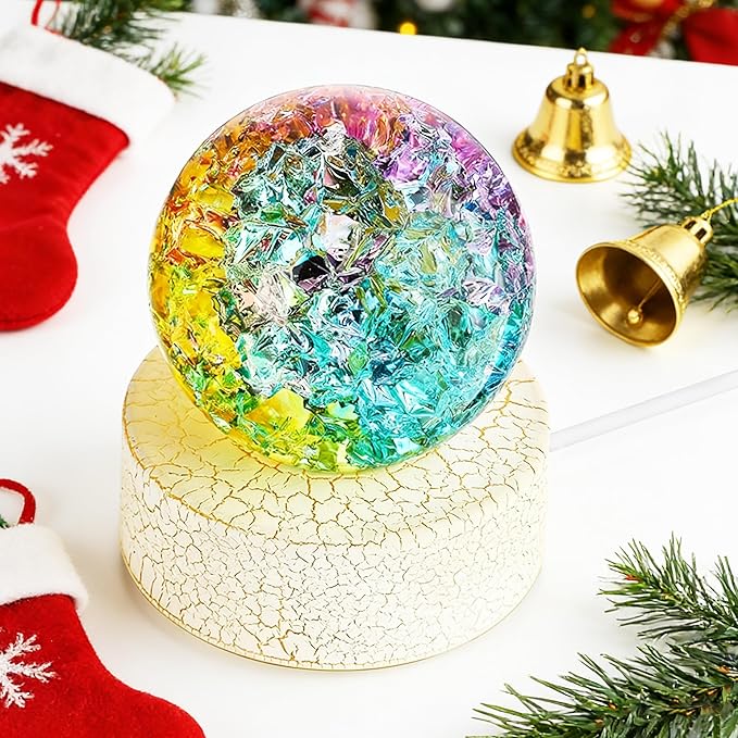 ZEERSHEE 2.3inch Colorful Ice Cracked Crystal Ball with Warm Light Base Glass Decorative Ball Paperweight Home Decor Fengshui Accessories Ornament