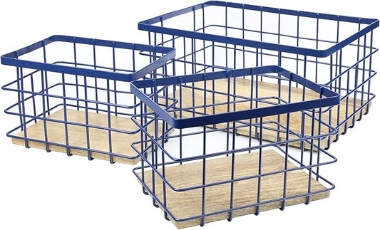 happimess BSK3004D-3SET Evvie Vintage Farmhouse Wire Metal Nesting Storage Baskets with Wood Base for Shelves, Cabinets, Pantry, Countertop, Mesh Open Bin Basket, Navy/Natural (Set of 3)