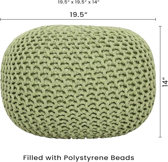 REDEARTH · Round Pouf Ottoman - Hand Knitted Cable Boho Poof Home Décor Pouffe Circular Footrest for Living Room - Nursery - Bedroom - Lounge 100% Cotton (19.5"x19.5"x14") - Kiwi, Set of 2