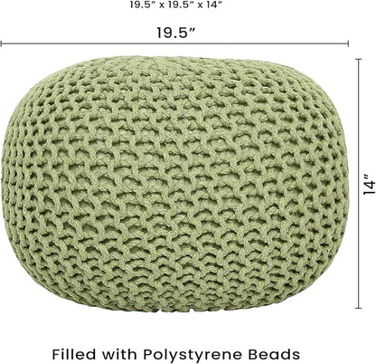 REDEARTH · Round Pouf Ottoman - Hand Knitted Cable Boho Poof Home Décor Pouffe Circular Footrest for Living Room - Nursery - Bedroom - Lounge 100% Cotton (19.5"x19.5"x14") - Kiwi, Set of 2