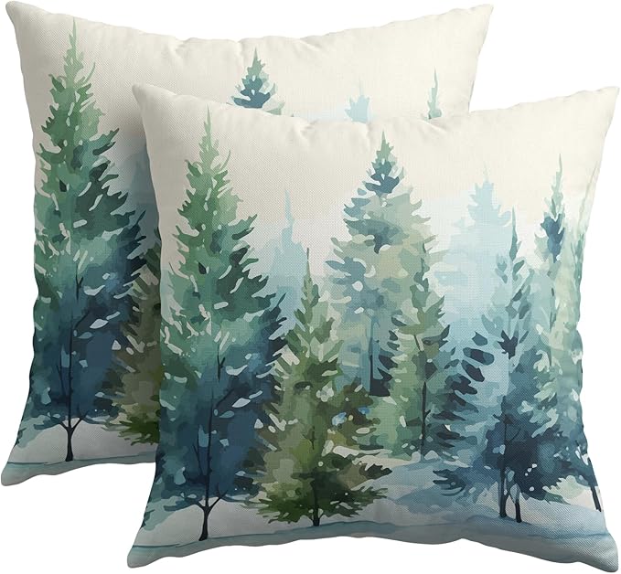 Watercolor Christmas Tree Pillow Covers 16x16 Set of 2 Blue Green Xmas Print Vintage Decorative Outdoor Throw Pillow Cases Rustic Winter Holiday Decoration Farmhouse Sofa Couch Cushion Cover Bed Decor