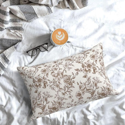 Brown Pillow Covers 12x20 Inch Set of 2 Chinoiserie Floral Throw Pillows Vintage Rustic Toile Flower Decorative Pillow Cases Outdoor Chinoiserie Decor Lumbar Cushion Case for Couch Sofa Bed