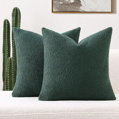 FUTEI Christmas Pack of 2 Dark Green Decorative Throw Pillow Covers 16x16 Inch Soft Cozy Solid Boucle Textured Cushion Case,Modern Home Decor for Couch Bed Living Room