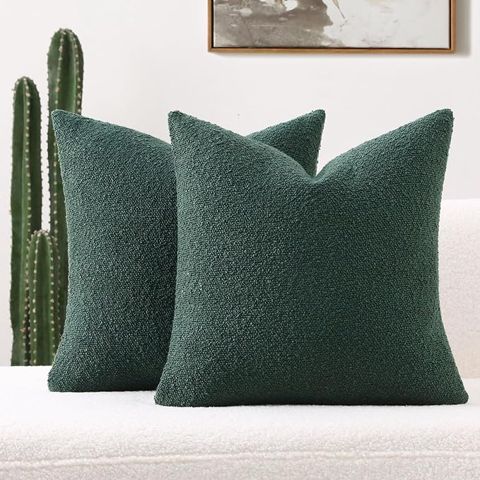 FUTEI Christmas Pack of 2 Dark Green Decorative Throw Pillow Covers 24x24 Inch Soft Cozy Solid Boucle Textured European Cushion Case,Modern Home Decor for Couch Bed Living Room