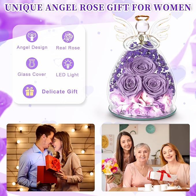 Beferr Valentines Day Rose Gifts for Her Women Mom Gifts for Birthday, Fresh Flowers for Delivery Prime Forever Preserved Rose in Glass Angel Figurine, for Grandma Wife Kids Daughter