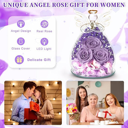 Beferr Valentines Day Rose Gifts for Her Women Mom Gifts for Birthday, Fresh Flowers for Delivery Prime Forever Preserved Rose in Glass Angel Figurine, for Grandma Wife Kids Daughter
