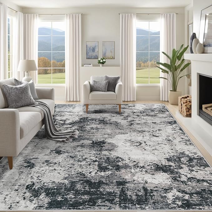 8x10 Area Rugs for Living Room, Washable Modern Abstract Large Area Rug Neutral Soft Non Slip Kids Rug Stain Resistant Indoor Carpet for Bedroom Dining Room Playroom Home Office(Black, 8'x10')