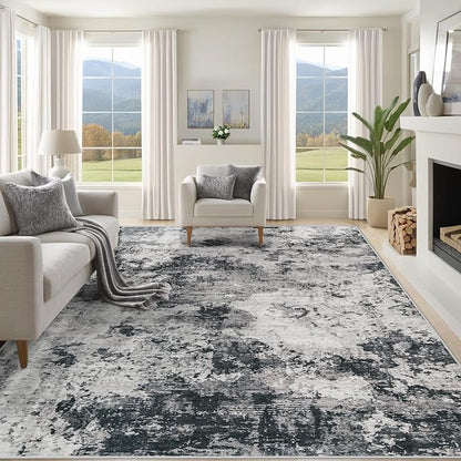 8x10 Area Rugs for Living Room, Washable Modern Abstract Large Area Rug Neutral Soft Non Slip Kids Rug Stain Resistant Indoor Carpet for Bedroom Dining Room Playroom Home Office(Black, 8'x10')