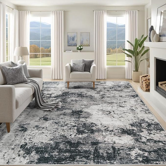 8x10 Area Rugs for Living Room, Washable Modern Abstract Large Area Rug Neutral Soft Non Slip Kids Rug Stain Resistant Indoor Carpet for Bedroom Dining Room Playroom Home Office(Black, 8'x10')