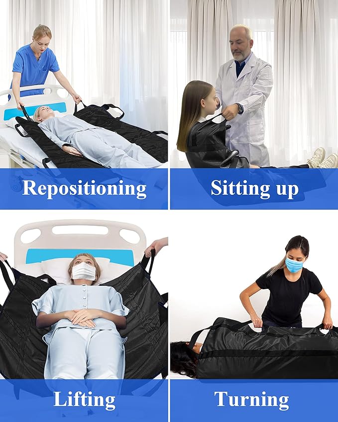 SPRING SEAON Patient Positioning Bed Pad with Handles – Transfer & Slide Sheet for Elderly Care, Waterproof Washable Draw Sheet for Hospital or Home Use, 46.5" x 38.5", 450 LBS Support,Black