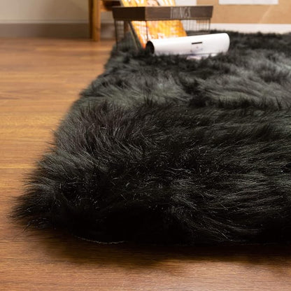 Super Area Rugs Ultra Soft & Fluffy Faux Sheepskin Rug, Black 3 x 5 Feet Carpet for Bedroom Living Room