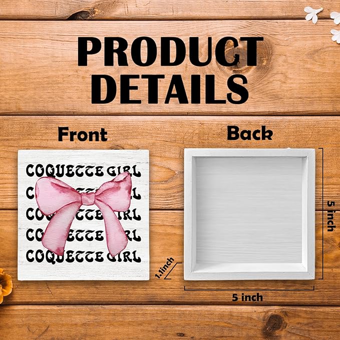Coquette Room Decor Wood Box Sign Desk Decor, Pink Trendy Bow Decor, Preppy Aesthetic Girly Wooden Block Sign Decorations for Girl College Dorm Bedroom Wall Tabletop Shelf Decor