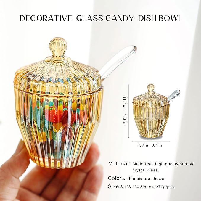 kanpura Champagne Glass Candy Dish with Lid Crystal Candy Jar Jewelry Box Cookie Jar with Spoon for Wedding Christmas Gift