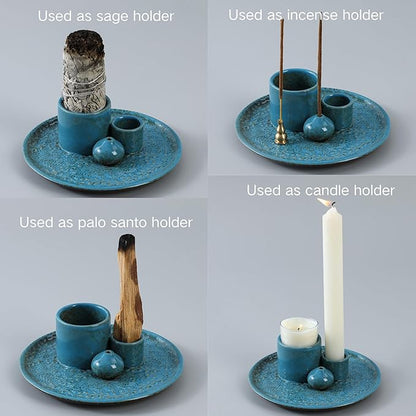 5 in 1 Incense Holder Burner, 5.9" Ceramic Holder for Burning Palo Santo Sage Candle and Incense Sticks Cones, Ash Catcher Tray for Meditation Room Home Décor (Blue)